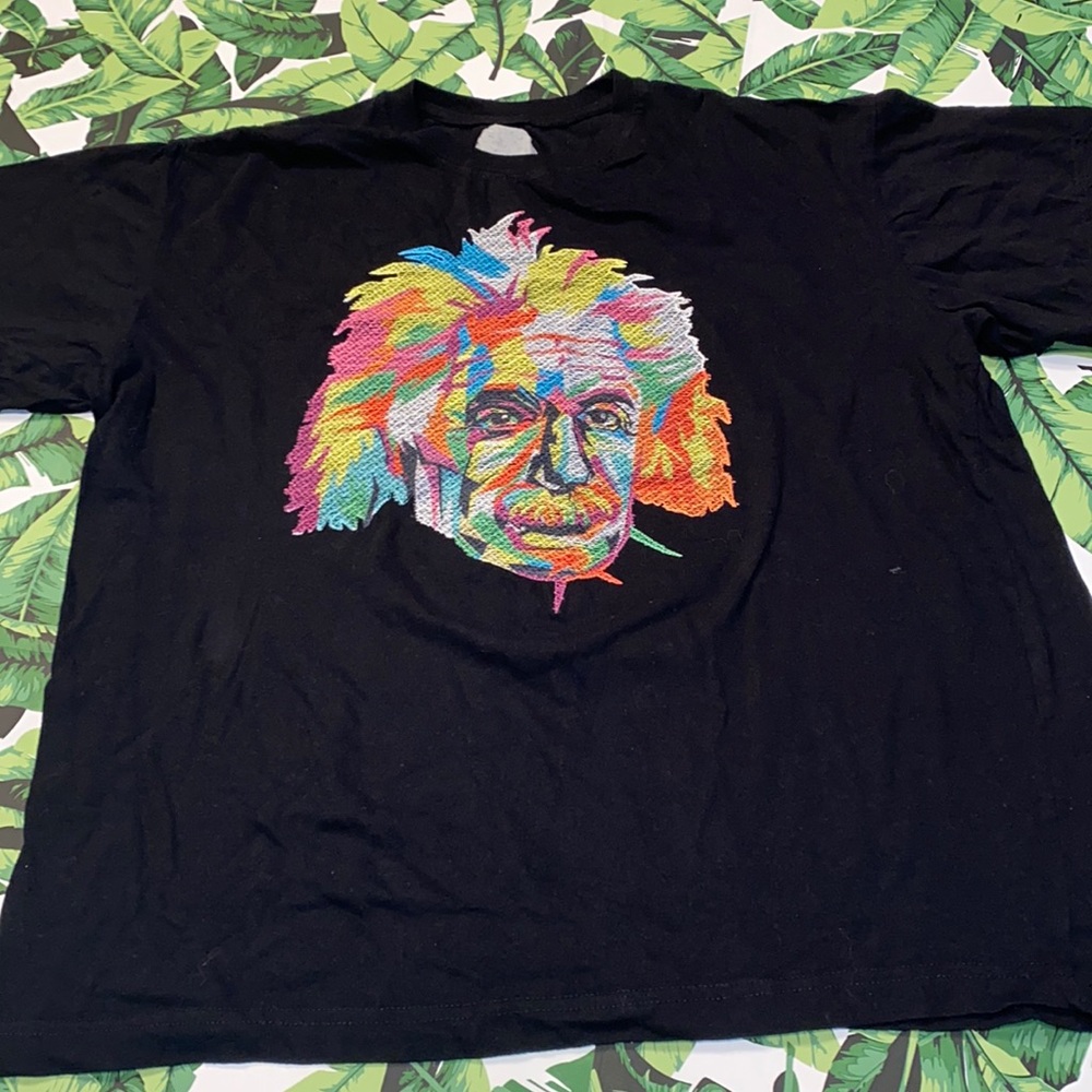Albert Einstein Face Adult T-Shirt Neon Rainbow Thread Pixel Black Tee Men XL